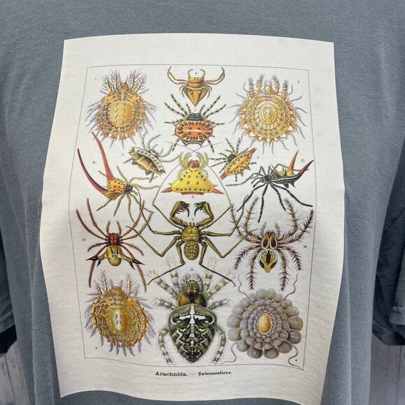 Hand Printed Upcycled Mens 2XL Vintage Book Page Arachnid Spider Crew Neck Tee - Picture 2 of 5